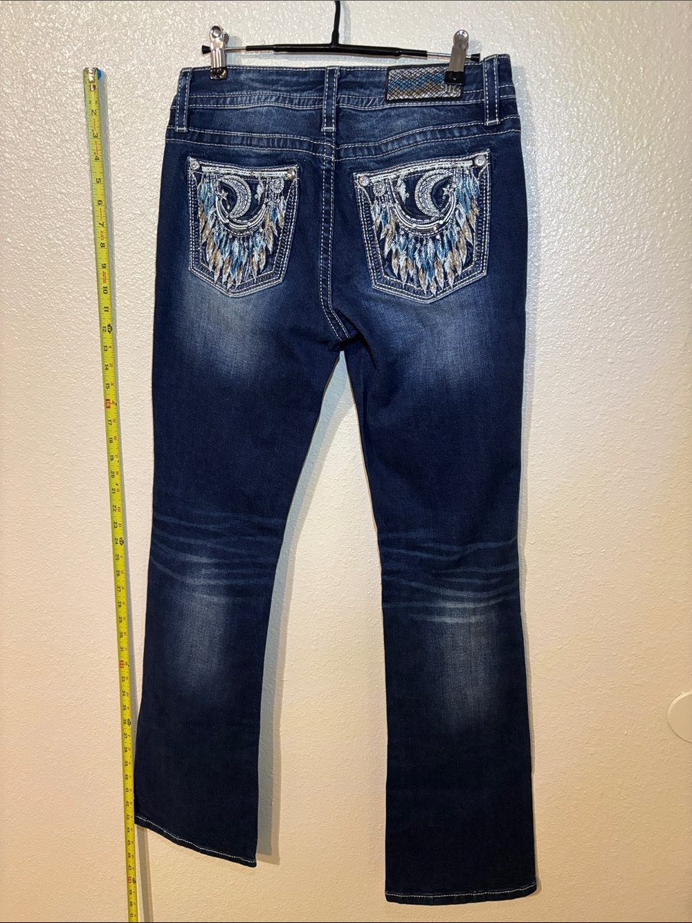 Miss Me Dark Blue Jeans with Gold & Teal Dreamcatcher Embroidery - Picture 4 of 5